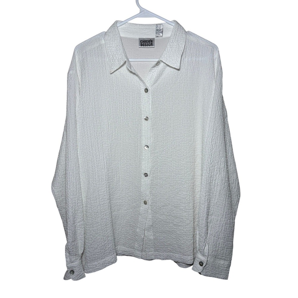 Chico's Design Womens Size 3 XL/16 Textured White Long Sleeve Button-Up Shirt